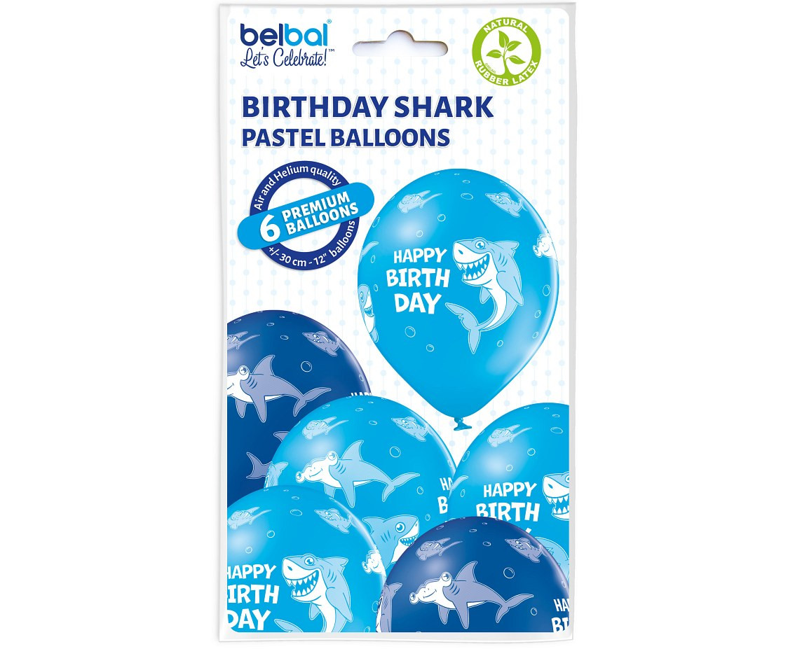 Balloons Belbal 12", D11, birthday sharks, 6 pcs